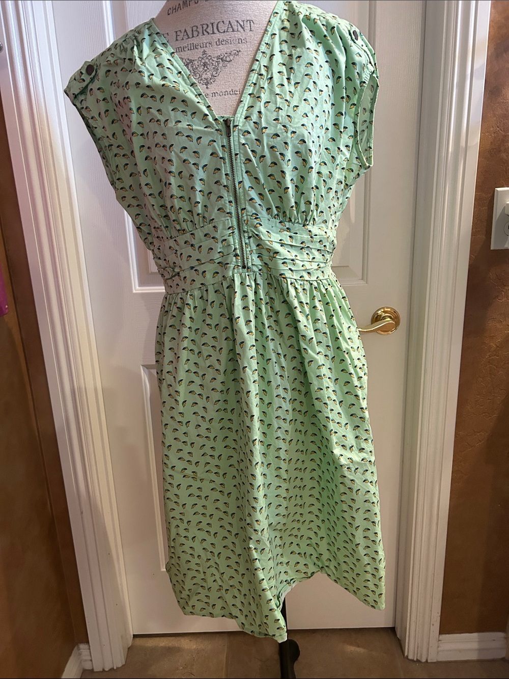DownEast Mint Green Cap Sleeve Dress with Small Bird Motif